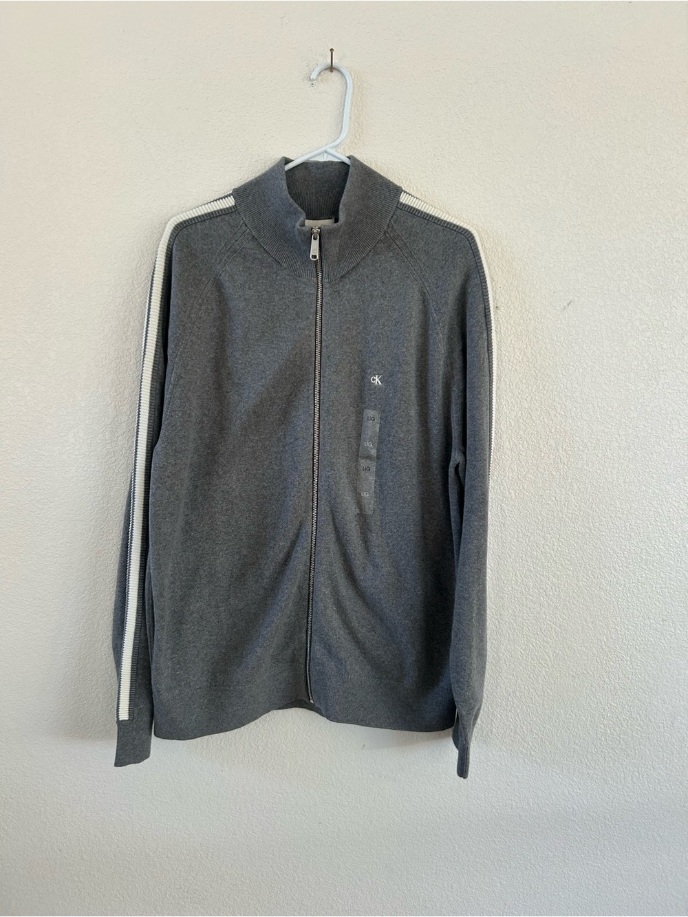 Calvin Klein Men's Gray Full-Zip Track Sweater with White Stripe